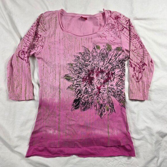 Glima Womens Size Small Pink Floral Graphic 3/4 Sleeve Shirt Made In USA - Picture 2 of 11